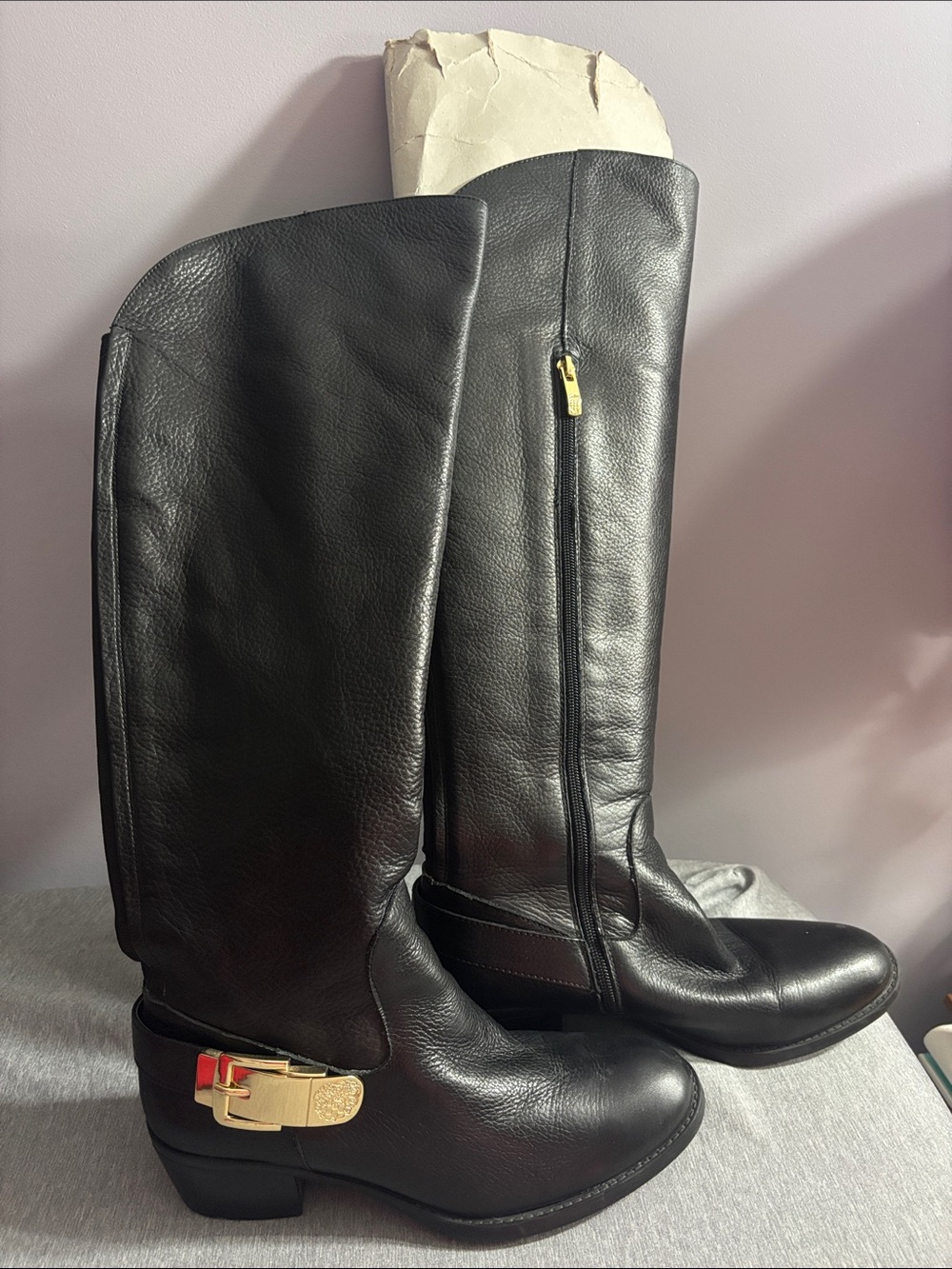 Vince Camuto Black Over-the-Knee Leather Boots with Gold Buckle